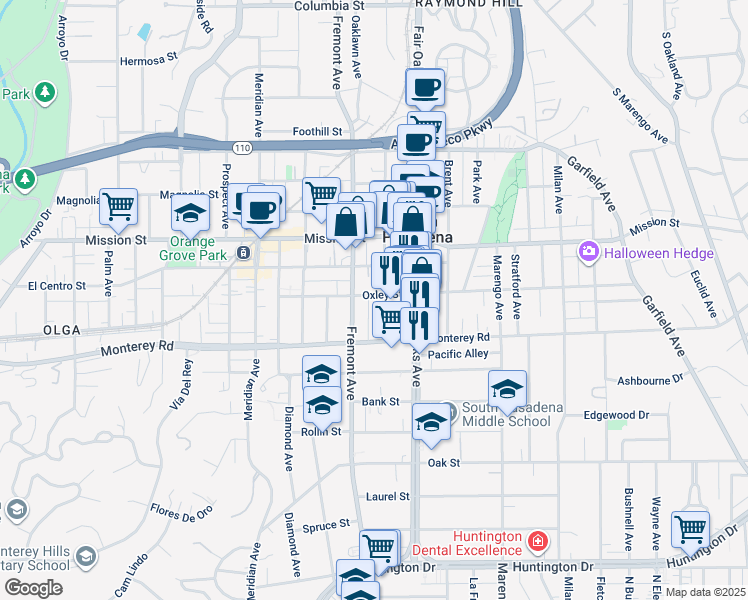map of restaurants, bars, coffee shops, grocery stores, and more near 1101 Mound Avenue in South Pasadena