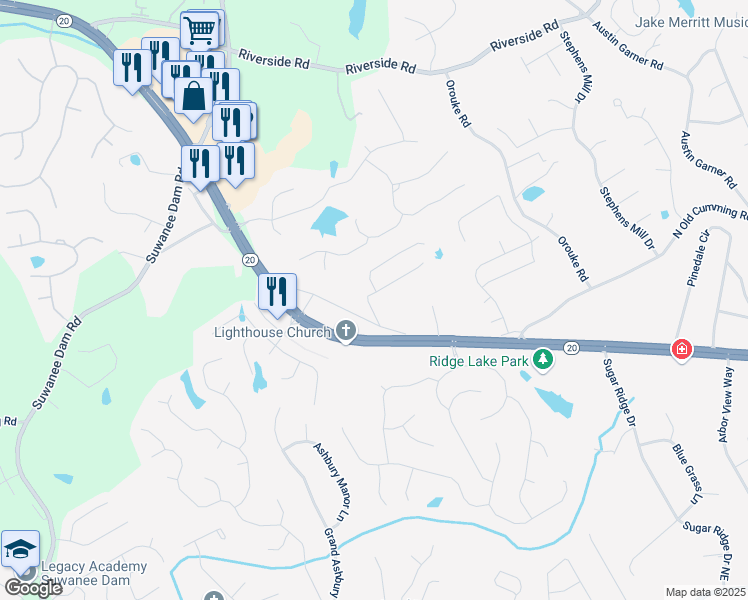 map of restaurants, bars, coffee shops, grocery stores, and more near 5629 Benefield Road Northeast in Sugar Hill