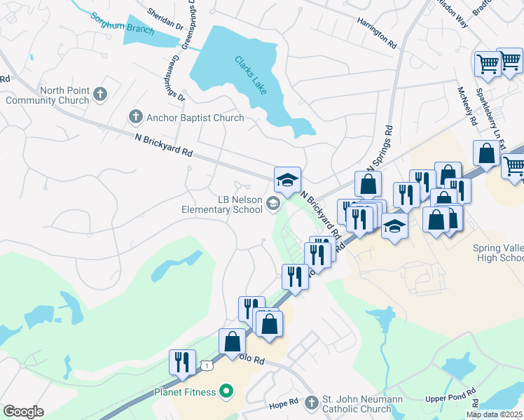 map of restaurants, bars, coffee shops, grocery stores, and more near 225 North Brickyard Road in Columbia