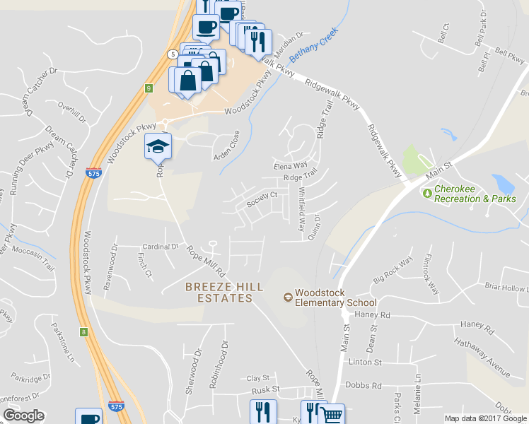map of restaurants, bars, coffee shops, grocery stores, and more near 1417 Bay Overlook Drive in Woodstock