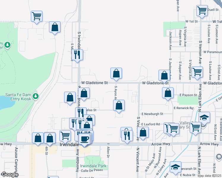map of restaurants, bars, coffee shops, grocery stores, and more near 5539 Ayon Avenue in Irwindale