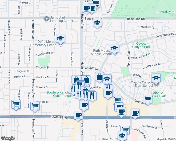 map of restaurants, bars, coffee shops, grocery stores, and more near 7718 Haywood Place in Rancho Cucamonga