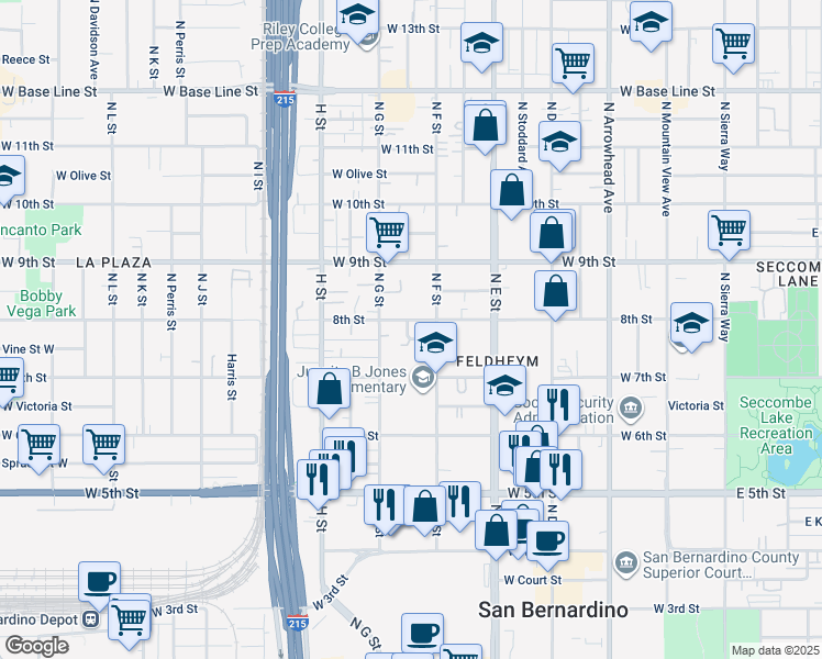 map of restaurants, bars, coffee shops, grocery stores, and more near 752 North F Street in San Bernardino