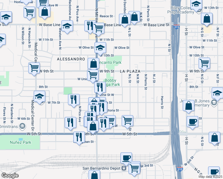 map of restaurants, bars, coffee shops, grocery stores, and more near 1232 Vine Street West in San Bernardino