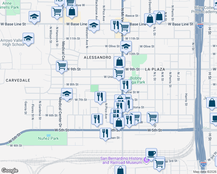 map of restaurants, bars, coffee shops, grocery stores, and more near 1424 Vine Street West in San Bernardino