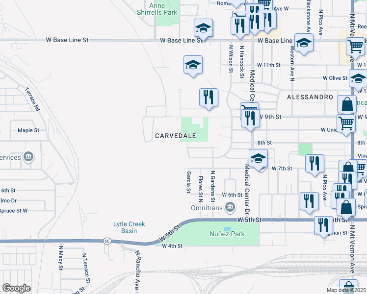 map of restaurants, bars, coffee shops, grocery stores, and more near 740 Garcia Street in San Bernardino