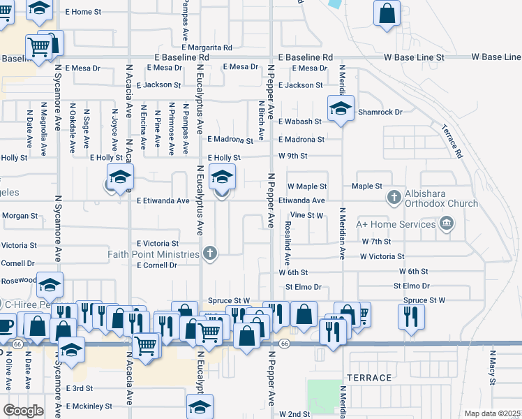 map of restaurants, bars, coffee shops, grocery stores, and more near 849 East Morgan Street in Rialto