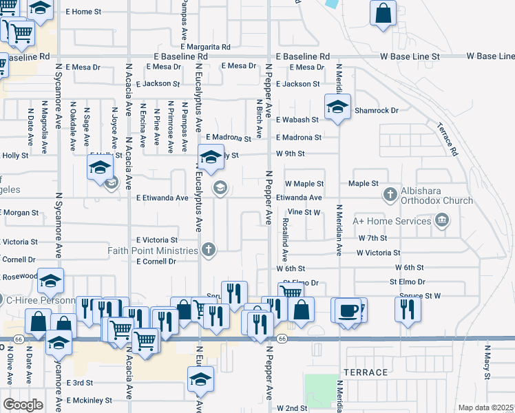 map of restaurants, bars, coffee shops, grocery stores, and more near 849 East Morgan Street in Rialto