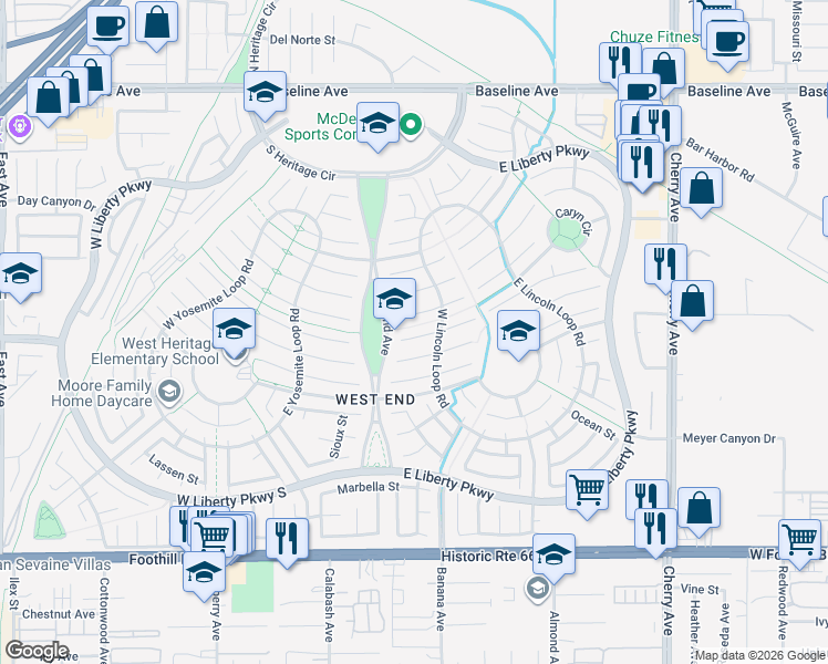 map of restaurants, bars, coffee shops, grocery stores, and more near 14046 Valley Forge Court in Fontana