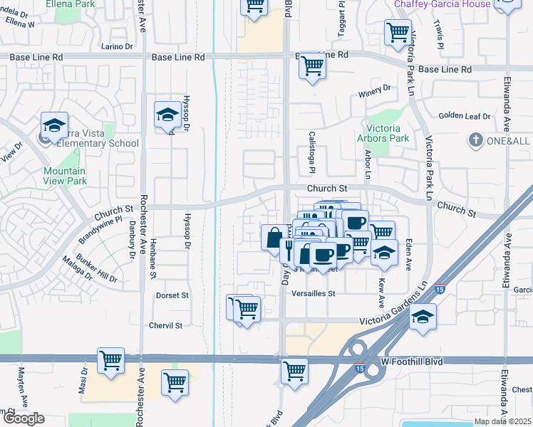 map of restaurants, bars, coffee shops, grocery stores, and more near 7736 Hess Place in Rancho Cucamonga