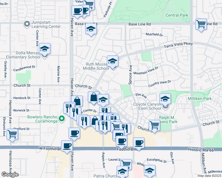 map of restaurants, bars, coffee shops, grocery stores, and more near 10730 Church Street in Rancho Cucamonga