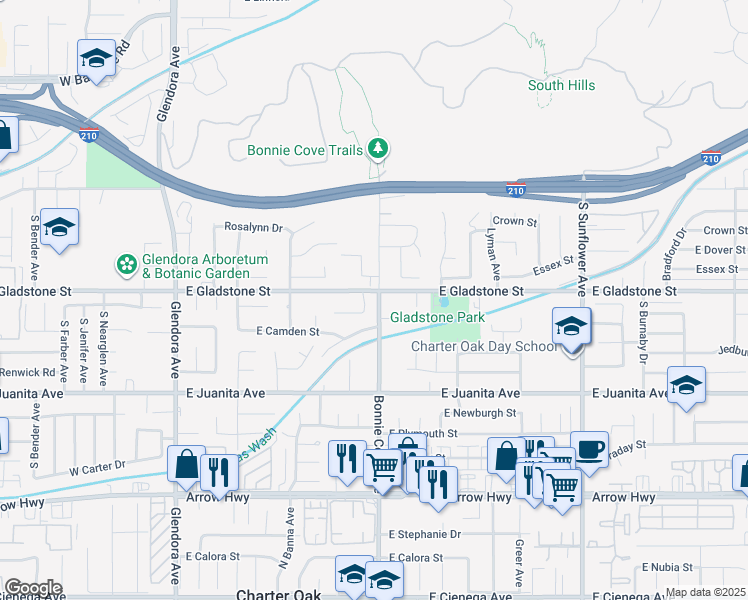 map of restaurants, bars, coffee shops, grocery stores, and more near 508 East Payson Street in Glendora