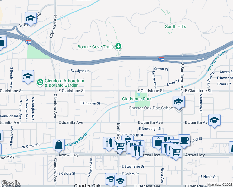 map of restaurants, bars, coffee shops, grocery stores, and more near 508 East Payson Street in Glendora