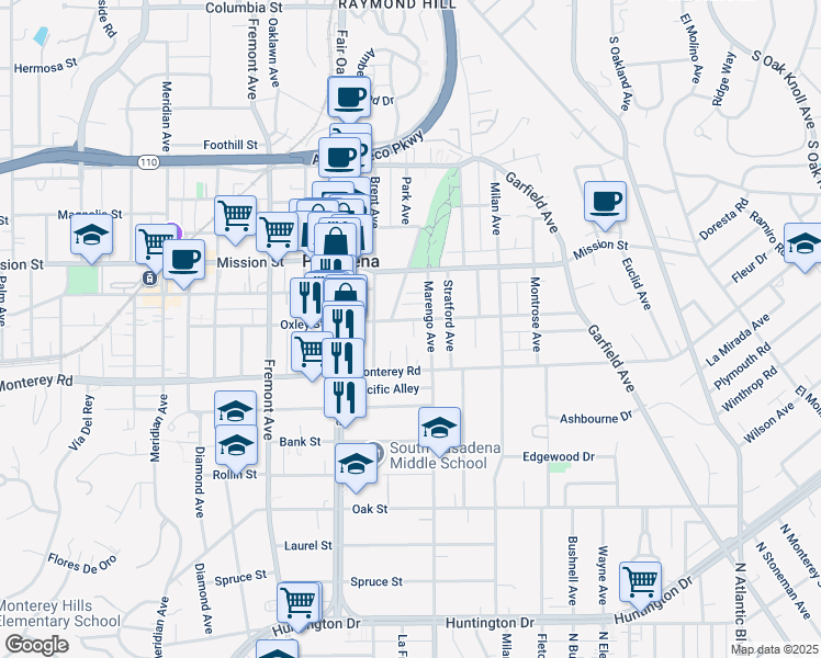 map of restaurants, bars, coffee shops, grocery stores, and more near 1120 Donaldo Court in South Pasadena