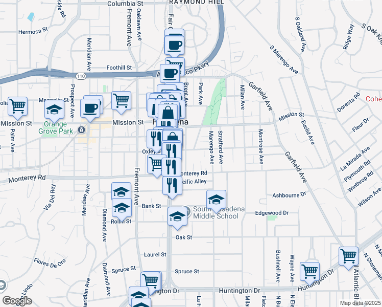 map of restaurants, bars, coffee shops, grocery stores, and more near 1102 Brent Avenue in South Pasadena