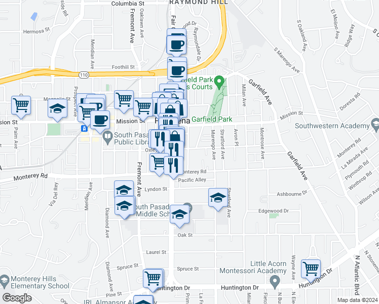 map of restaurants, bars, coffee shops, grocery stores, and more near 1102 Brent Avenue in South Pasadena