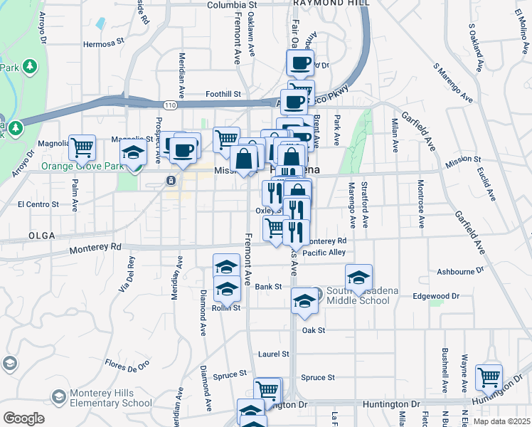 map of restaurants, bars, coffee shops, grocery stores, and more near 1125 Mound Avenue in South Pasadena