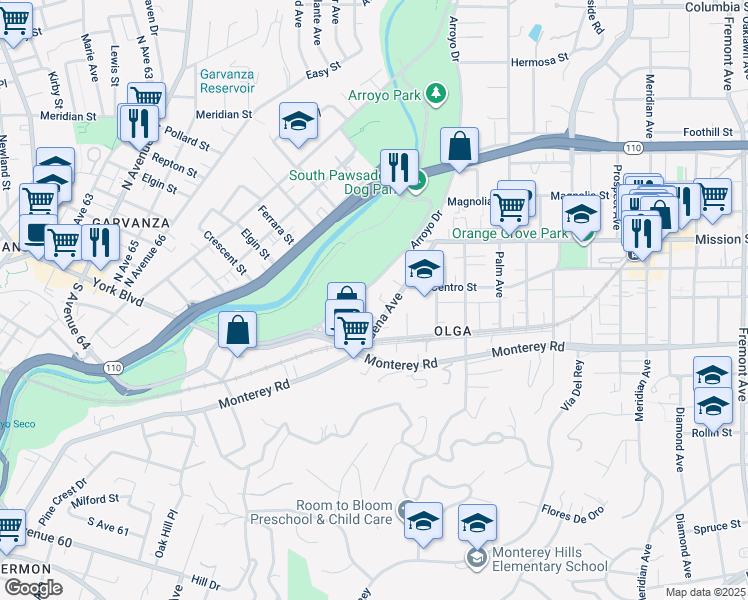 map of restaurants, bars, coffee shops, grocery stores, and more near 315 Pasadena Avenue in South Pasadena