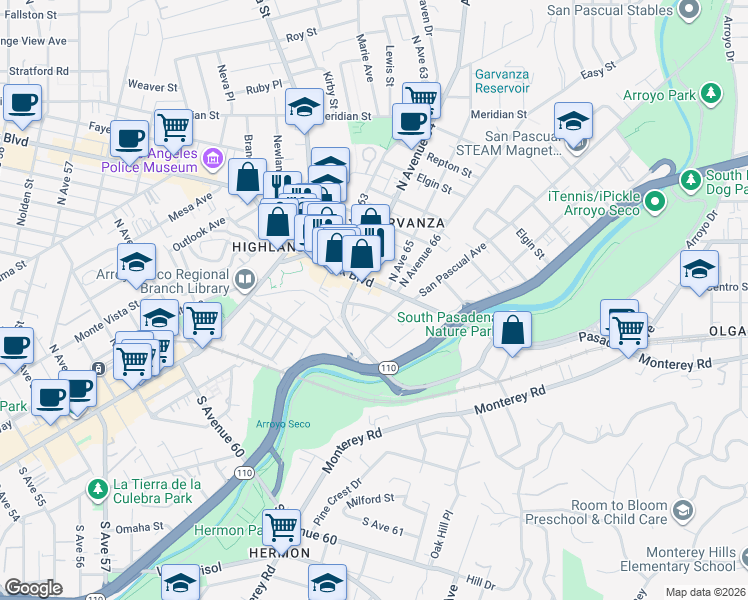 map of restaurants, bars, coffee shops, grocery stores, and more near 201 South Avenue 66 in Los Angeles