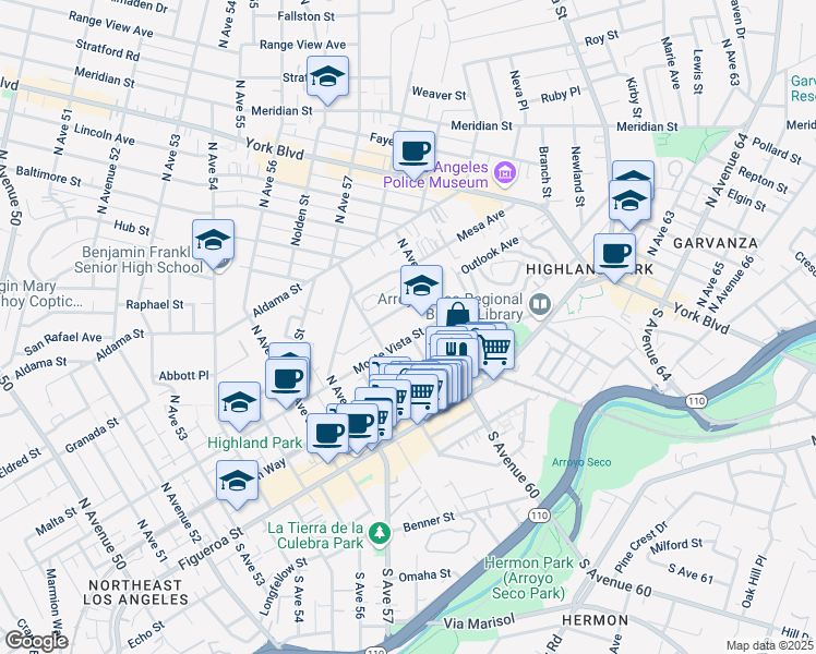 map of restaurants, bars, coffee shops, grocery stores, and more near 231 North Avenue 60 in Los Angeles