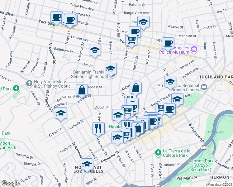 map of restaurants, bars, coffee shops, grocery stores, and more near 523 North Avenue 54 in Los Angeles