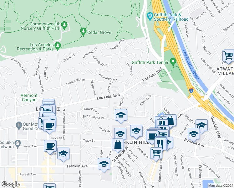 map of restaurants, bars, coffee shops, grocery stores, and more near 3930 Los Feliz Boulevard in Los Angeles