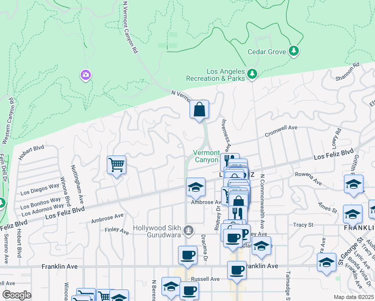 map of restaurants, bars, coffee shops, grocery stores, and more near 2324 North Vermont Avenue in Los Angeles