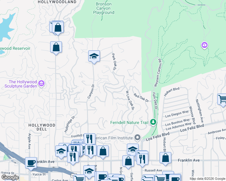 map of restaurants, bars, coffee shops, grocery stores, and more near 5551 Tuxedo Terrace in Los Angeles