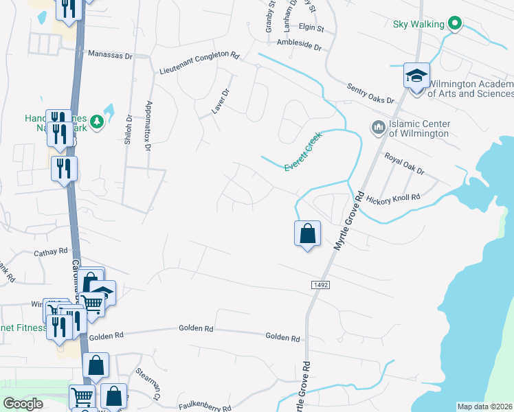 map of restaurants, bars, coffee shops, grocery stores, and more near 1213 Whispering Doe Drive in Wilmington