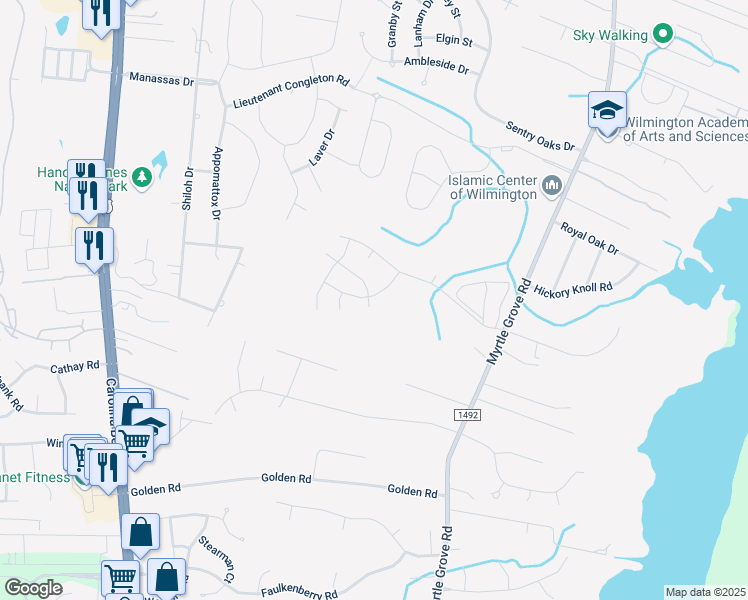 map of restaurants, bars, coffee shops, grocery stores, and more near 1213 Whispering Doe Drive in Wilmington