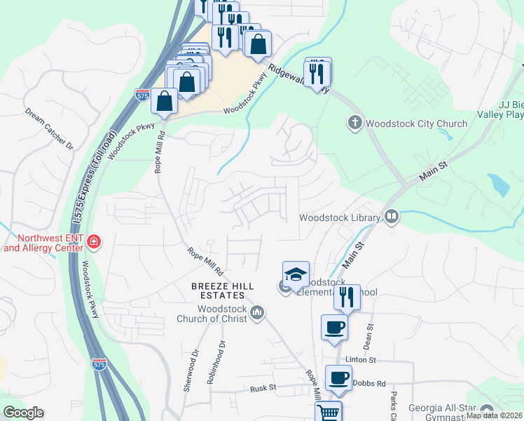 map of restaurants, bars, coffee shops, grocery stores, and more near 1417 Bay Overlook Drive in Woodstock