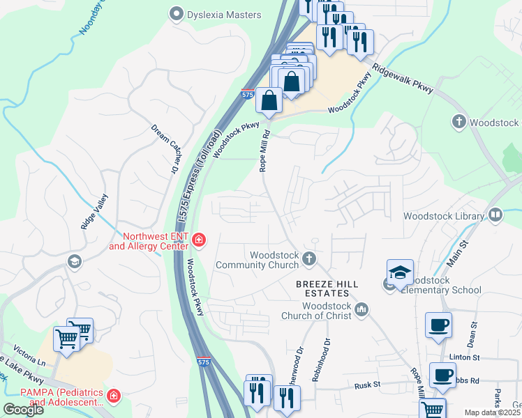 map of restaurants, bars, coffee shops, grocery stores, and more near 130 Inwood Walk in Woodstock