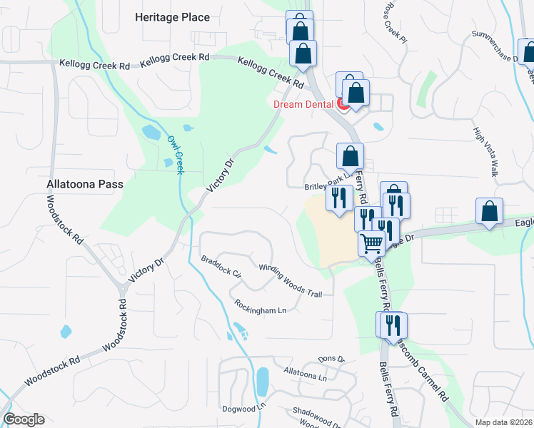 map of restaurants, bars, coffee shops, grocery stores, and more near 1628 Eagle Drive in Woodstock