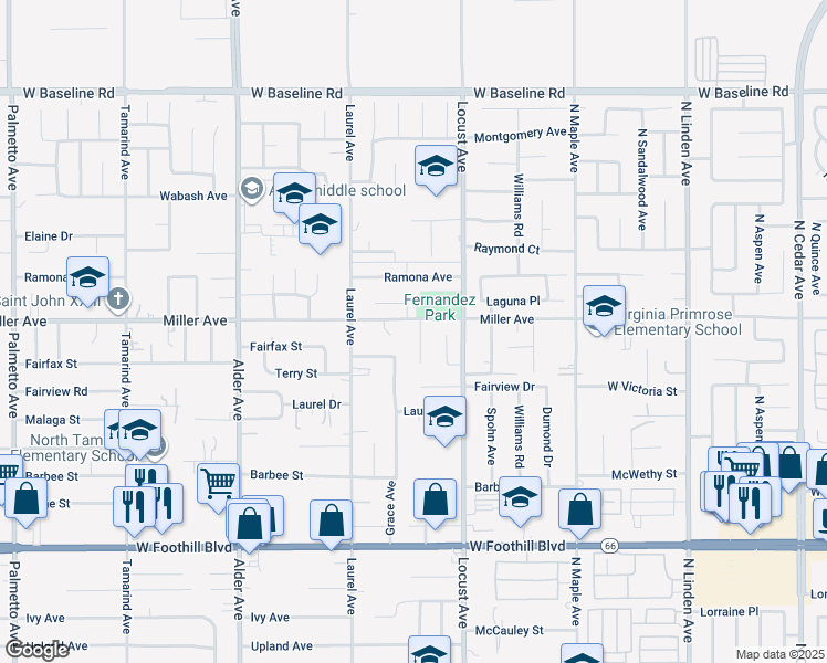 map of restaurants, bars, coffee shops, grocery stores, and more near 7724 Myles Court in Fontana