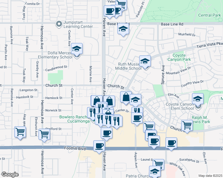 map of restaurants, bars, coffee shops, grocery stores, and more near 7718 Haywood Place in Rancho Cucamonga