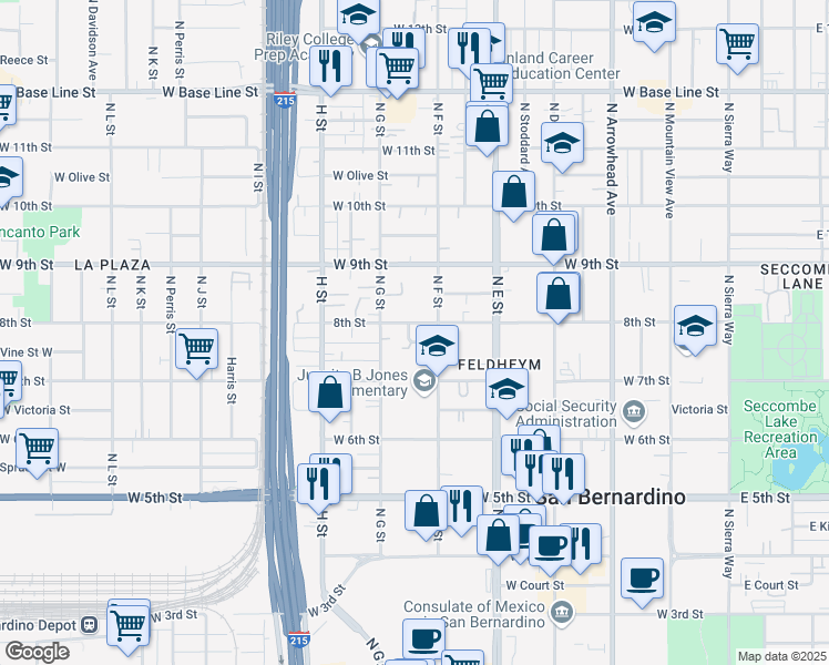 map of restaurants, bars, coffee shops, grocery stores, and more near 752 North F Street in San Bernardino