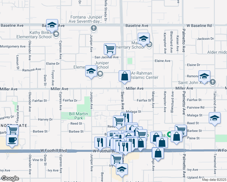 map of restaurants, bars, coffee shops, grocery stores, and more near 16843 Miller Avenue in Fontana