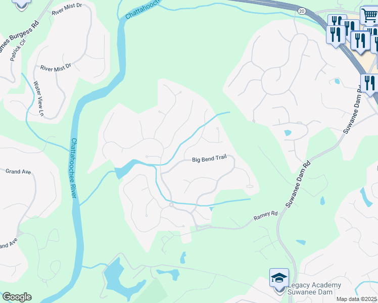 map of restaurants, bars, coffee shops, grocery stores, and more near 380 Big Bend Trail in Sugar Hill