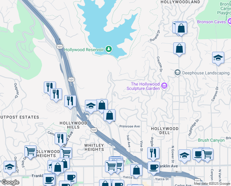 map of restaurants, bars, coffee shops, grocery stores, and more near 6464 Bryn Mawr Drive in Los Angeles