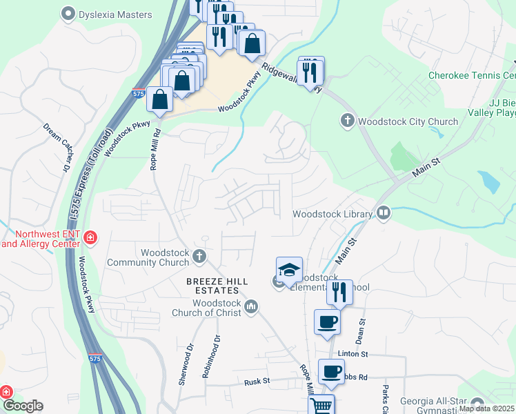 map of restaurants, bars, coffee shops, grocery stores, and more near 1421 Bay Overlook Drive in Woodstock