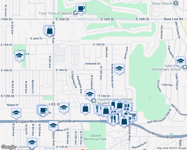map of restaurants, bars, coffee shops, grocery stores, and more near 1382 North Crawford Avenue in Upland