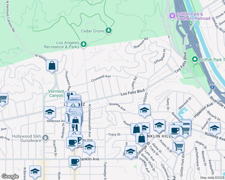 map of restaurants, bars, coffee shops, grocery stores, and more near 2220 Richland Avenue in Los Angeles