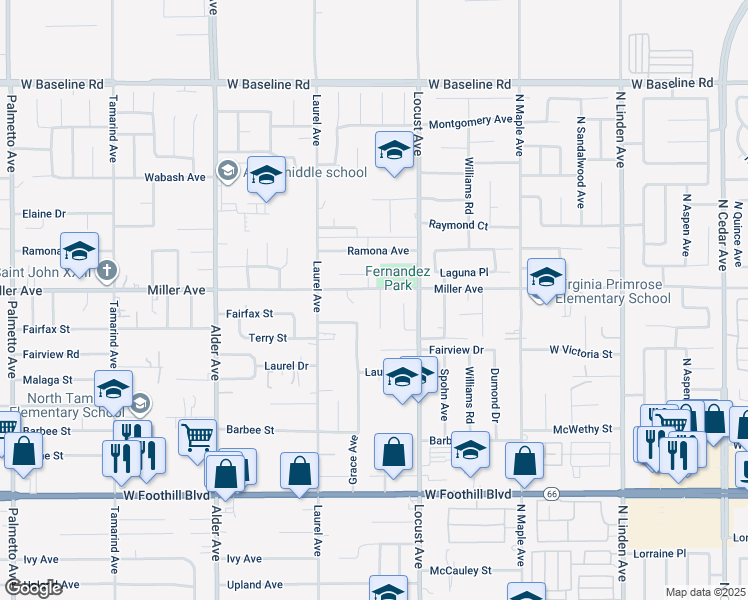 map of restaurants, bars, coffee shops, grocery stores, and more near 7724 Myles Court in Fontana