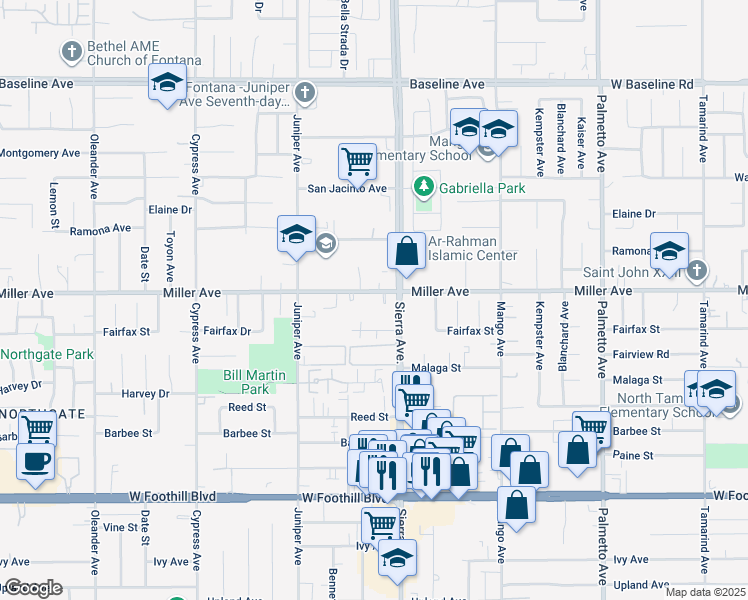 map of restaurants, bars, coffee shops, grocery stores, and more near 16843 Miller Avenue in Fontana