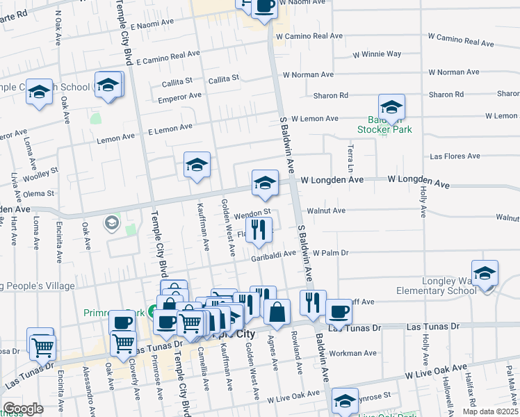 map of restaurants, bars, coffee shops, grocery stores, and more near 9861 Wendon Street in Temple City