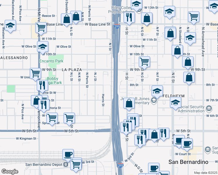 map of restaurants, bars, coffee shops, grocery stores, and more near 915 West 8th Street in San Bernardino