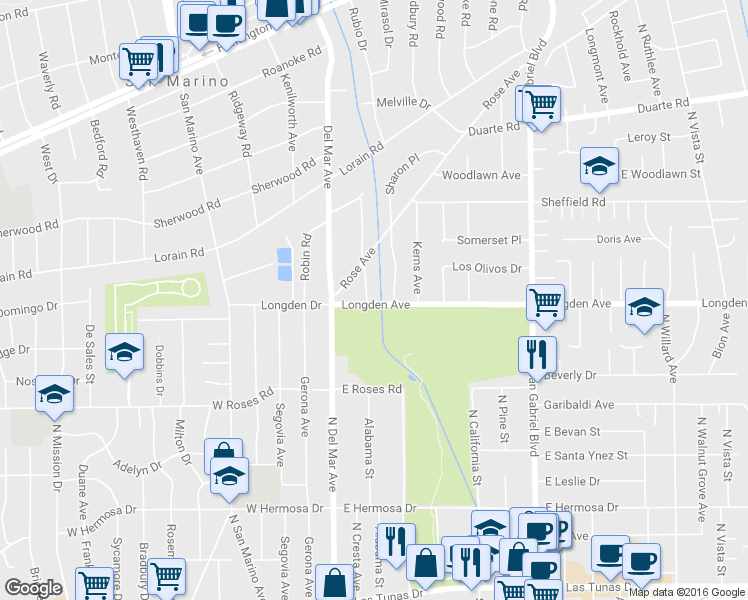 map of restaurants, bars, coffee shops, grocery stores, and more near 700 Alabama Street in San Gabriel