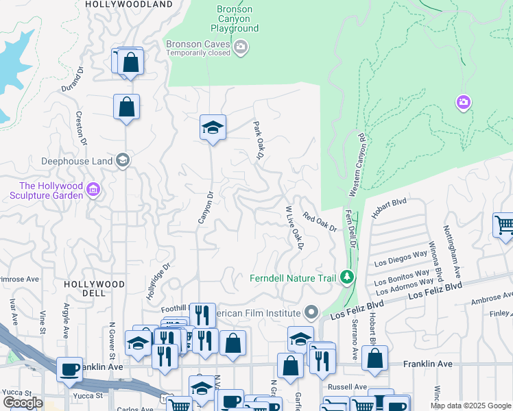 map of restaurants, bars, coffee shops, grocery stores, and more near 5551 Tuxedo Terrace in Los Angeles