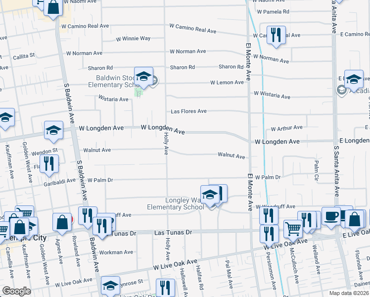 map of restaurants, bars, coffee shops, grocery stores, and more near 345 Walnut Avenue in Arcadia
