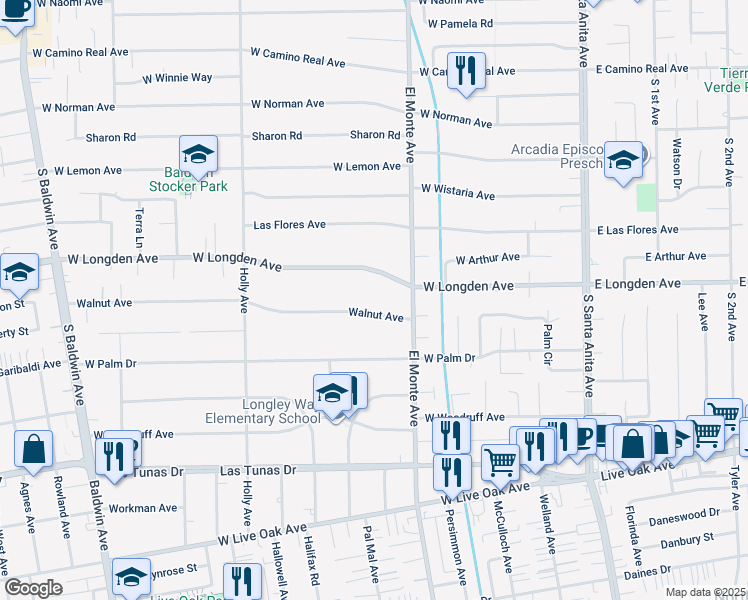 map of restaurants, bars, coffee shops, grocery stores, and more near 220 Walnut Avenue in Arcadia